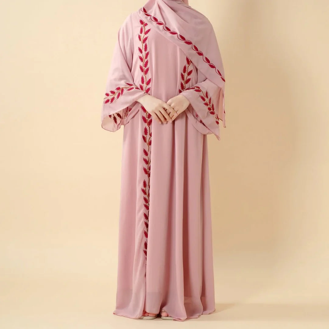 Elegant Crew Neck Long Sleeve Chiffon Abaya Dress with Matching Headscarf (AA230)