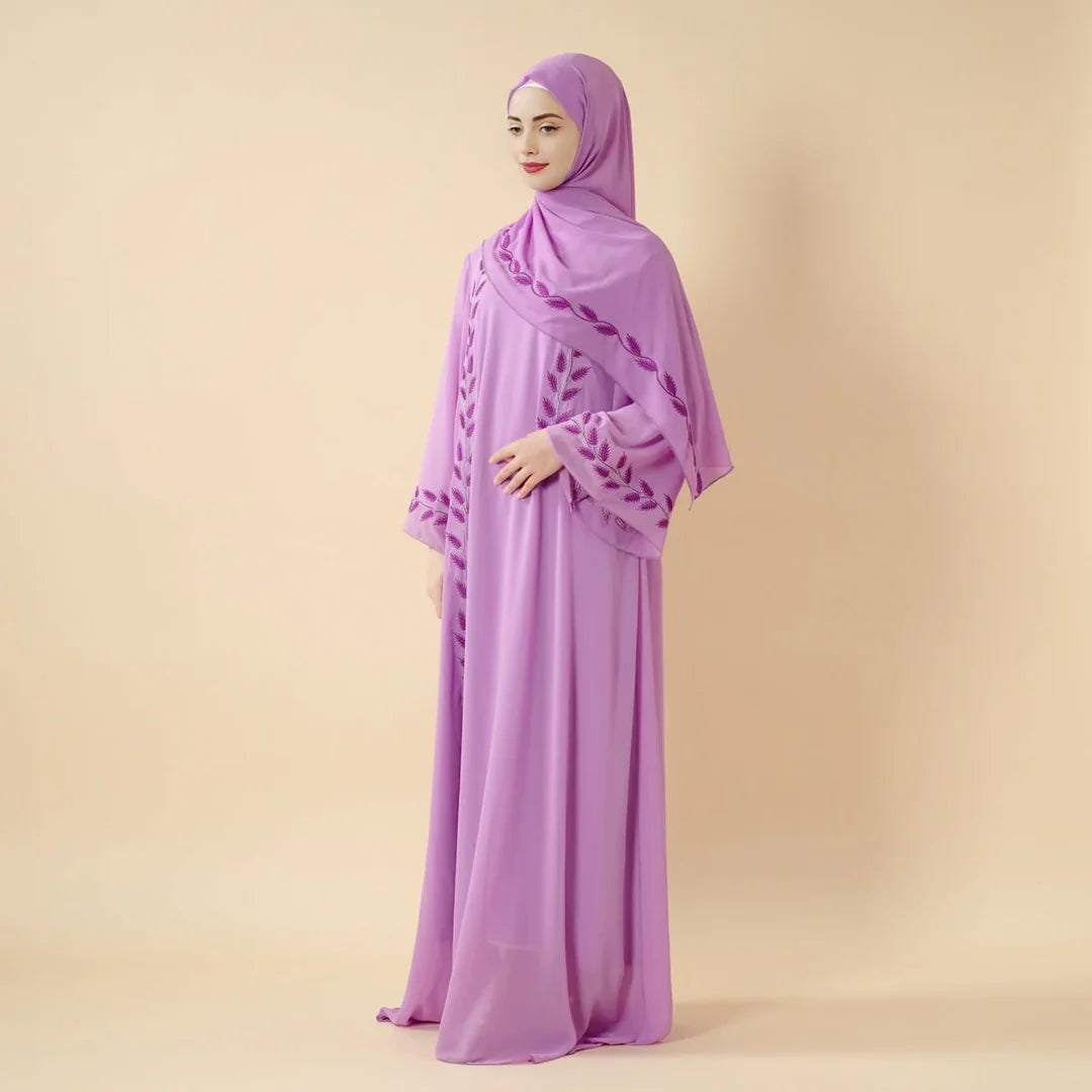 Elegant Crew Neck Long Sleeve Chiffon Abaya Dress with Matching Headscarf (AA230)