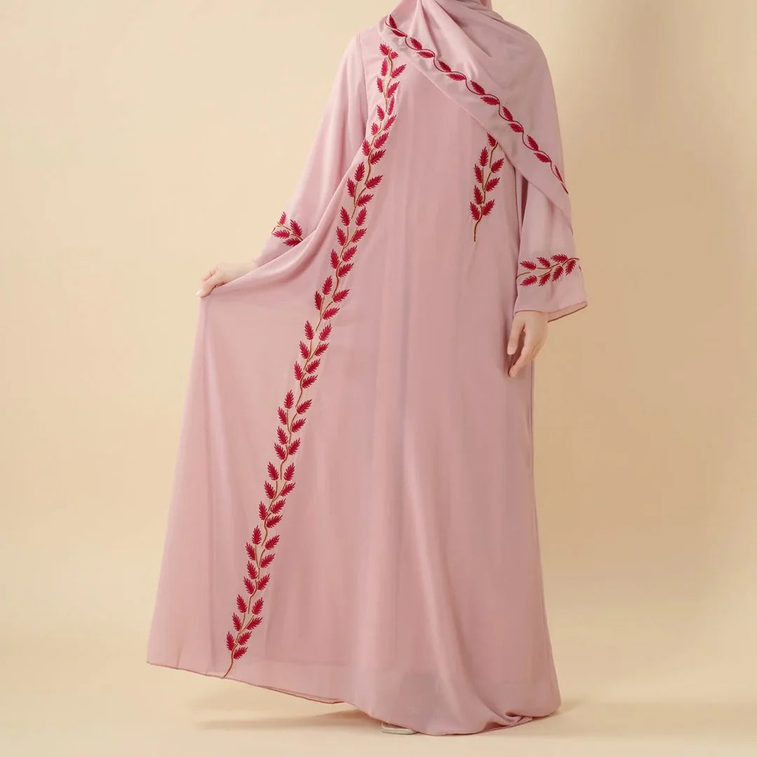 Elegant Crew Neck Long Sleeve Chiffon Abaya Dress with Matching Headscarf (AA230)
