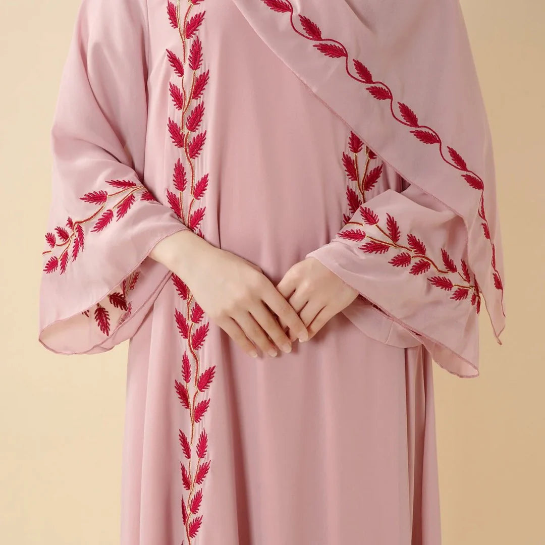 Elegant Crew Neck Long Sleeve Chiffon Abaya Dress with Matching Headscarf (AA230)