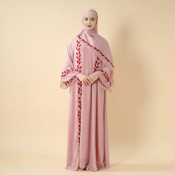 Elegant Crew Neck Long Sleeve Chiffon Abaya Dress with Matching Headscarf (AA230)
