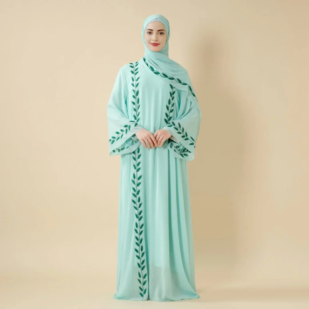 Elegant Crew Neck Long Sleeve Chiffon Abaya Dress with Matching Headscarf (AA230)
