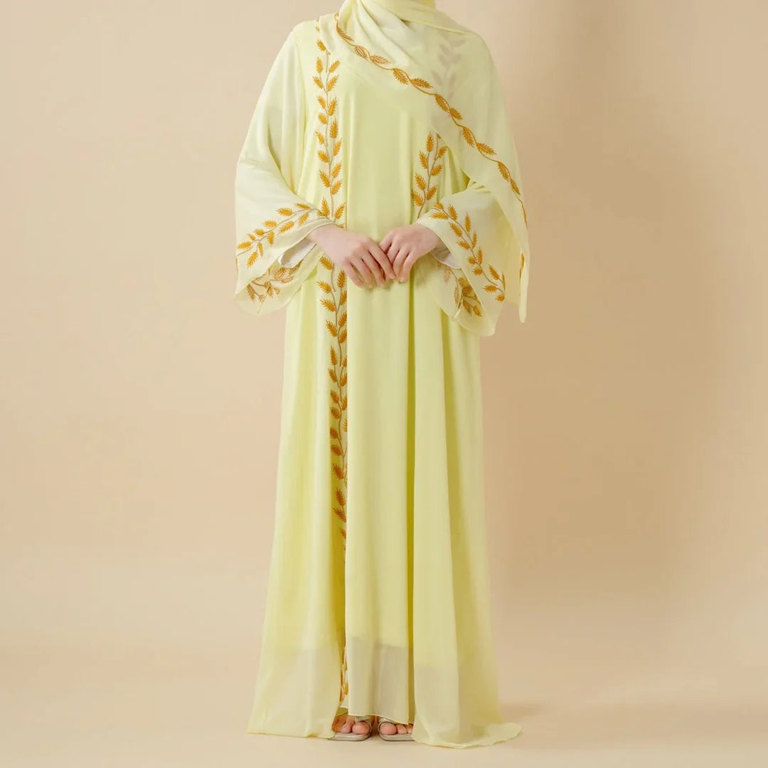 Elegant Crew Neck Long Sleeve Chiffon Abaya Dress with Matching Headscarf (AA230)