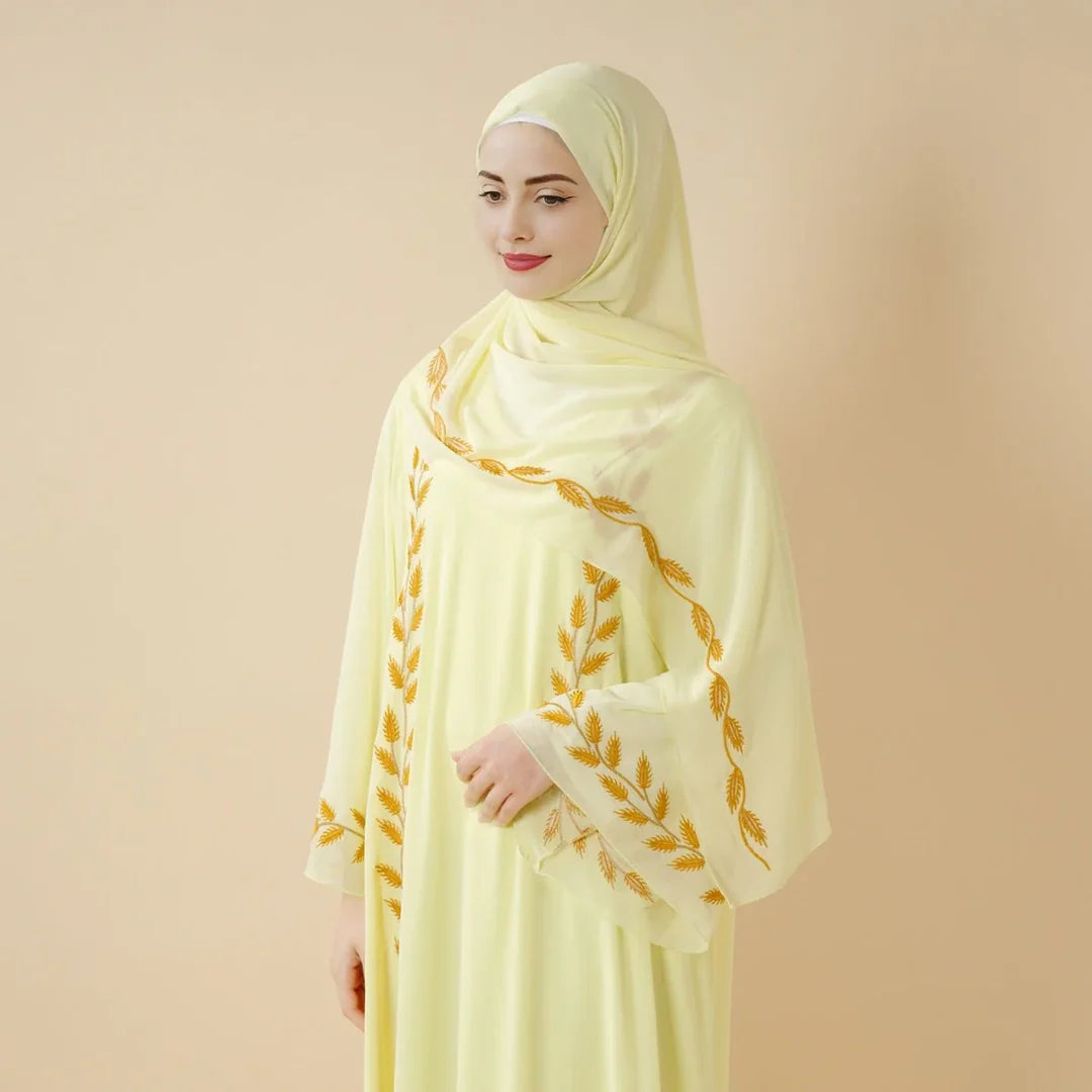 Elegant Crew Neck Long Sleeve Chiffon Abaya Dress with Matching Headscarf (AA230)