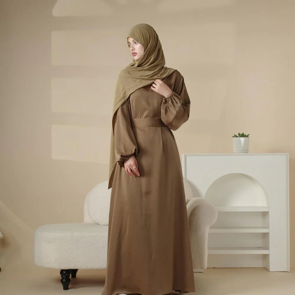 Puff Sleeve Satin Abaya with Pockets 2-Piece Set (AA031)