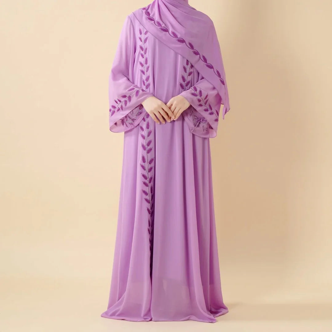 Elegant Crew Neck Long Sleeve Chiffon Abaya Dress with Matching Headscarf (AA230)