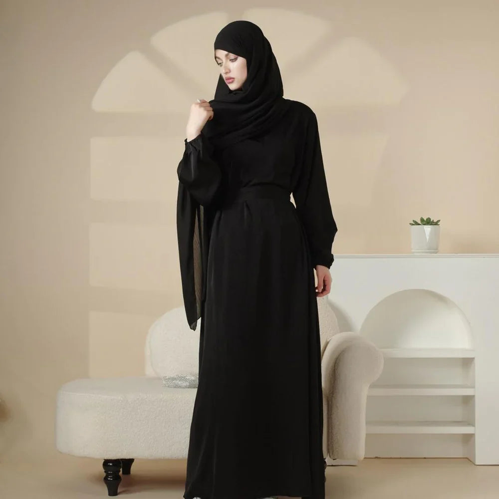 Puff Sleeve Satin Abaya with Pockets 2-Piece Set (AA031)