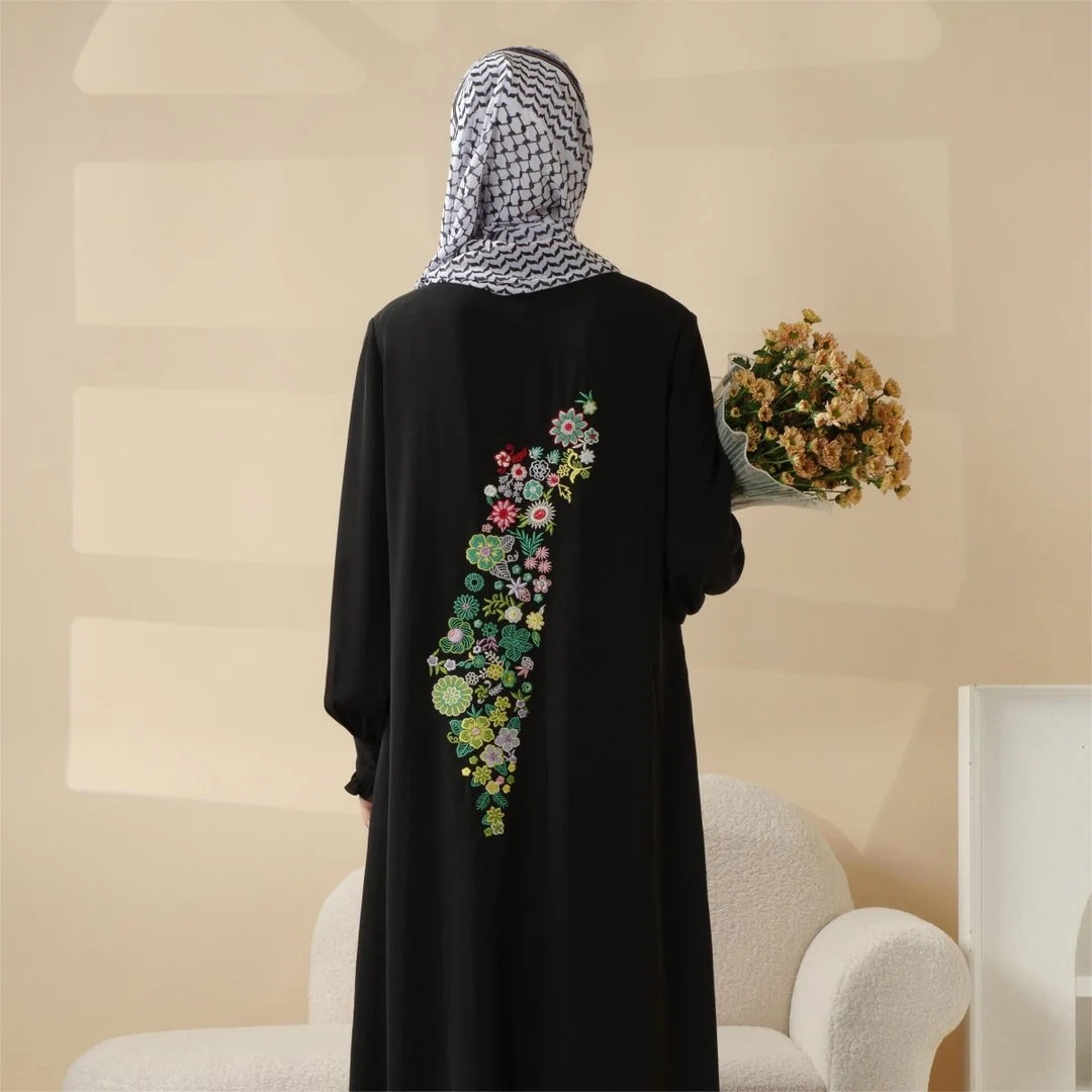 Modest Pullover Abaya with Palestinian Embroidery, Elegant Ruffled Cuff Maxi Dress (AA141)
