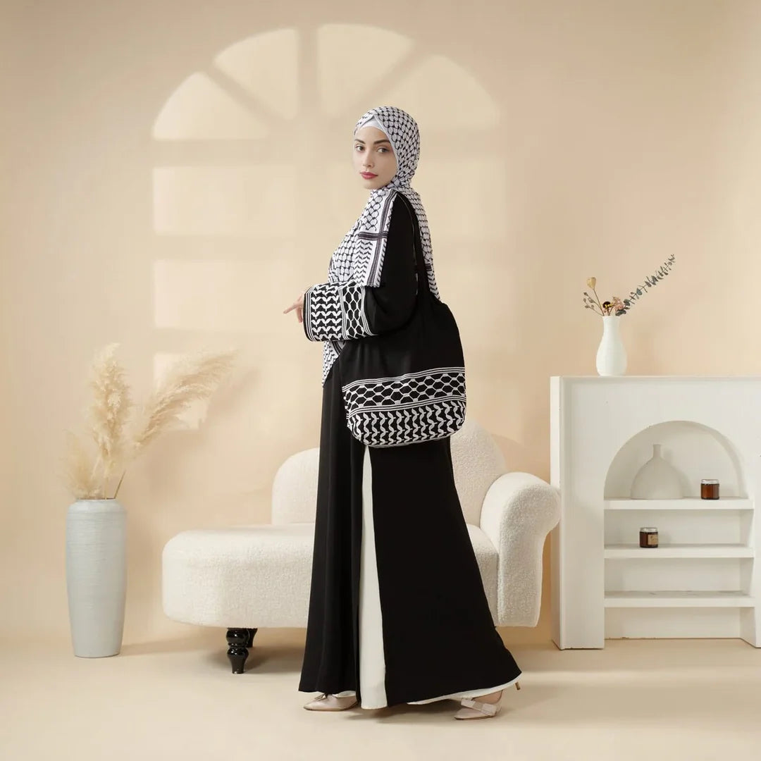 Elegant Black & White Palestinian Style Abaya with Matching Keffiyeh Hijab