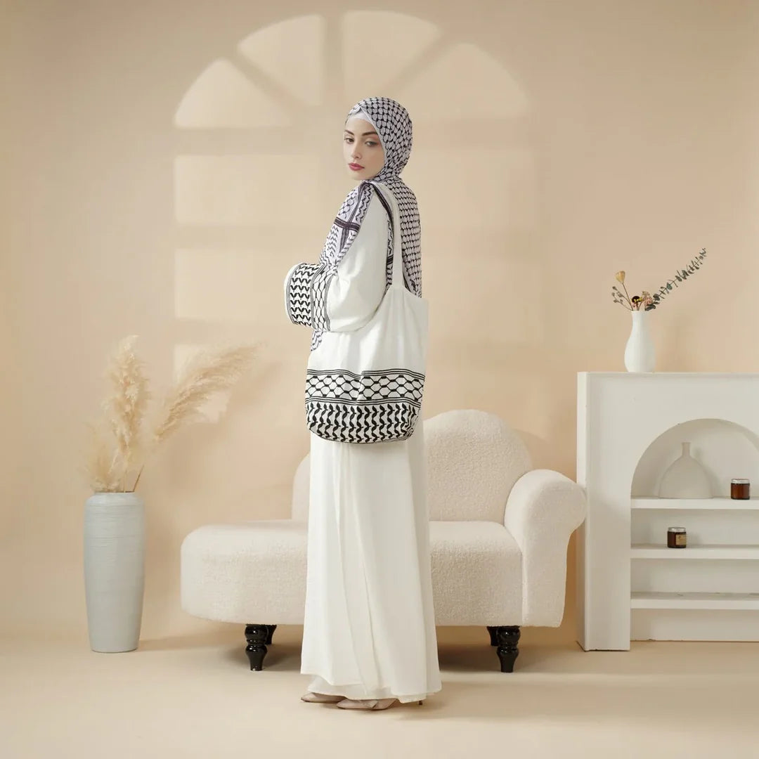 Elegant Black & White Palestinian Style Abaya with Matching Keffiyeh Hijab