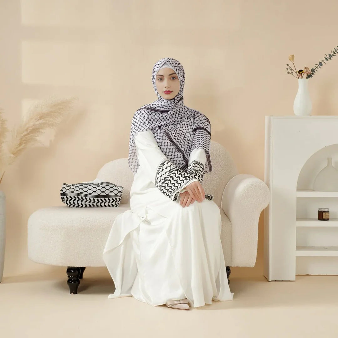 Elegant Black & White Palestinian Style Abaya with Matching Keffiyeh Hijab