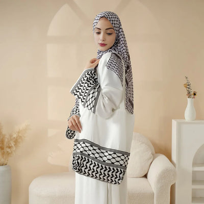 Elegant Black & White Palestinian Style Abaya with Matching Keffiyeh Hijab