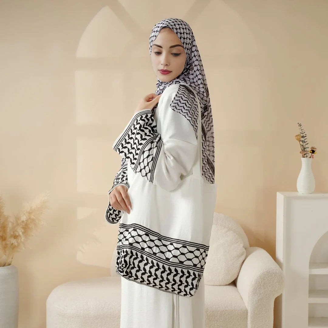 Elegant Black & White Palestinian Style Abaya with Matching Keffiyeh Hijab